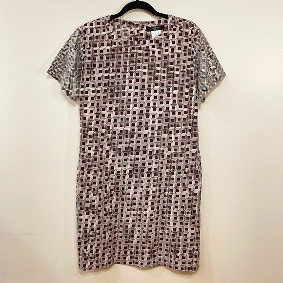 New Weekend Max Mara 100% Cotton Geo Shift Dress Ecru Bordeaux 38 6 M $425